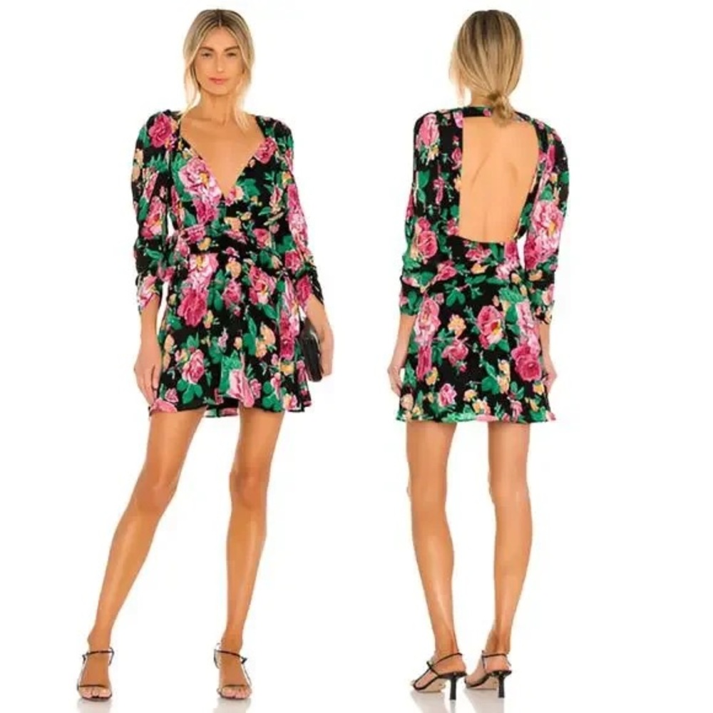 For Love & Lemons “June” Dark Floral long Sleeve Open Back Mini Dress sz XS